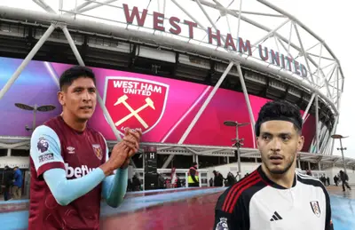 El Estadio del West Ham, Edson Álvarez aplaudiendo y Raúl Jiménez a un lado.