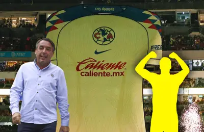 Emilio Azcárraga caminando y silueta de futbolista celebrando/ Foto América.