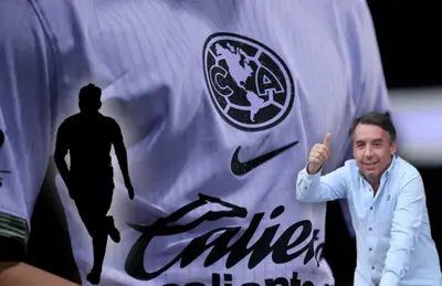 Emilio Azcárraga con el dedo arriba y silueta de futbolista/ Foto América.