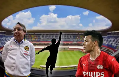 Emilio Azcárraga, Hirving Lozano y otro jugador en el Estadio Azteca/ Foto Récord.