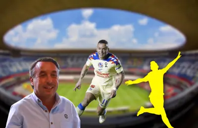 Emilio Azcárraga riendo, Jonathan Rodríguez y silueta de jugador/ Foto Estadio Azteca.