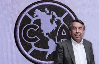 Emilio Azcárraga riendo y logo del América/Foto TUDN Fan Shop.
