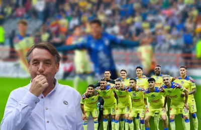 Emilio Azcárraga serio y futbolistas del América posando/ Foto Pachuca.