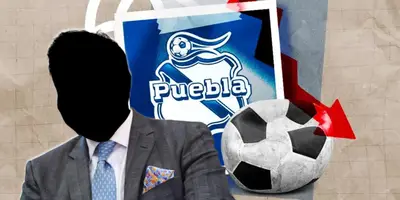 Empresario incógnito junto al escudo del Puebla / FOTO EL UNIVERSAL