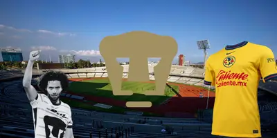 EOU de fondo, tomado de Wikipedia, con Huerta, jersey de América y escudo de Pumas al frente