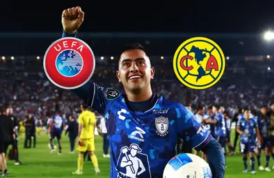 Erick Sánchez y logo de UEFA y América/Foto Azteca Deportes.
