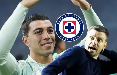 Erik Lira, escudo de Cruz Azul y Martín Anselmi/ Foto Threads.