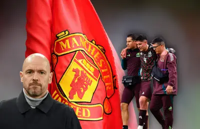 Erik Ten Hag, Edson Álvarez caminando y bandera del Manchester United/Foto Bloomerang.
