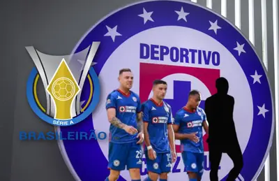 Escudo del Brasileiaro B, jugadores de Cruz Azul y silueta de Diber Camindo/ Foto TV Azteca.