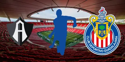 Estadio Akron de fondo, tomado de Wikipedia, con escudo de Chivas y Atlas