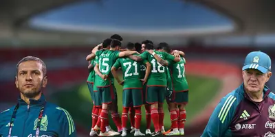 Estadio Akron de fondo, tomado de Wikipedia, con Lozano, Aguirre y jugadores del Tri