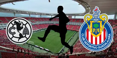 Estadio Akron de fondo, tomado de Wkipedia, con escudo de América y Chivas