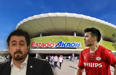 Estadio Akron de fondo y Amaury Vergara junto a Hirving Lozano.