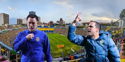 Estadio Azulcrema de fondo, con Milito y Jardine al frente
