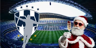 Estadio BBVA de fondo, con escudo de Rayados y Santa Claus. Foto: ArchDayli