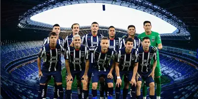Estadio BBVA de fondo con jugadores de Rayados al frente. Foto: Wikipedia