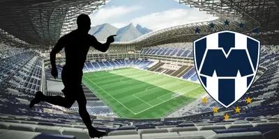 Estadio BBVA de fondo tomado de ArchDaily con escudo de Rayados