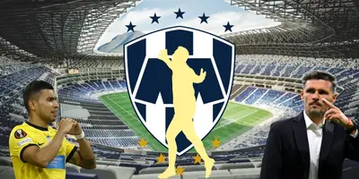 Estadio BBVA de fondo, tomado de ArchDaily, con Orbelin, Ortiz y escudo de Rayados.