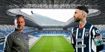 Estadio BBVA de fondo, tomado de ArchDayli, con Demichelis y Ramos al frente