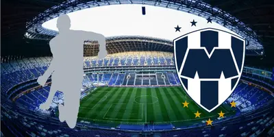 Estadio BBVA de fondo, tomado de Mediotiempo, con escudo de Rayados