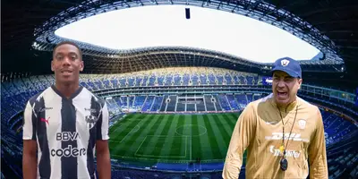 Estadio BBVA de fondo, tomado de Mediotiempo, con Martial y Juárez al frente