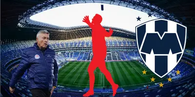 Estadio BBVA de fondo, tomado de Mediotiempo, con Torrent y escudo de Rayados al frente