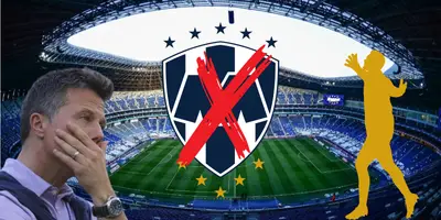 Estadio BBVA de fondo, tomado de Wikipedia, con Noriega y escudo de Rayados al frente.