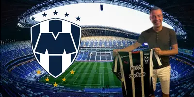 Estadio BBVA tomado de Wikipedia, con Xavi y escudo de Rayados