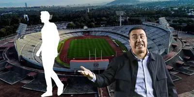 Estadio CU de fondo, tomado de Récord, con Juárez al frente