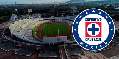 Estadio CU de fondo, tomado de Wikipedia, con escudo de Cruz Azul al frente