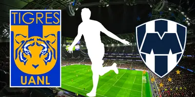 Estadio de fondo, tomado de Canva, con escudo de Rayados y Tigres
