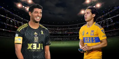 Estadio de fondo tomado de Canva, con foto de Vela y Lainez al frente.