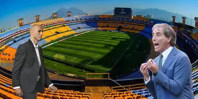 Estadio de Tigres de fondo, tomado de Tigres, con Pizarro y Almada al frente