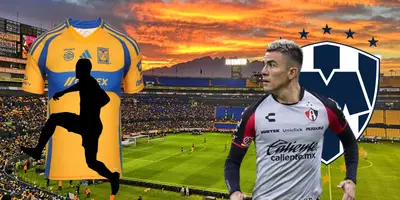 Estadio de Tigres de fondo, tomado de Wikipedia, con Reyes, jersey de Tigres y escudo de Rayados