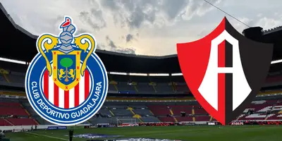 Estadio Jalisco de fondo, con escudo de Chivas y Atlas; fondo de Wikipedia