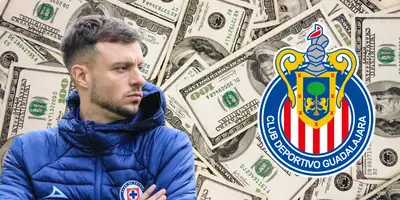 Fondo de dólares tomado de Canva, con Ansemi y escudo de CHivas al frente