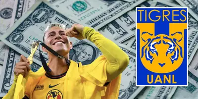 Fondo de dólares tomado de Canva, con Calderón y escudo de Tigres