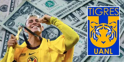 Fondo de dólares tomado de Canva, con Calderón y escudo de Tigres al frente