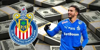 Fondo de dólares tomado de Canva, con escudo de Chivas y Chávez al frente