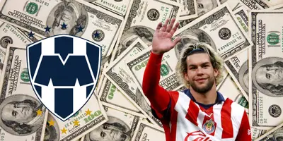 Fondo de dólares tomado de Canva, con escudo de Rayados y Cowell