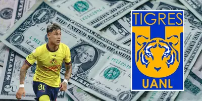 Fondo de dólares tomado de Canva, con escudo de Tigres y Calderón