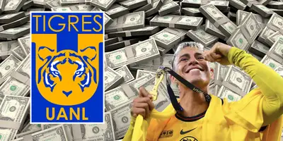 Fondo de dólares tomado de Canva, con escudo de Tigres y Calderón al frente