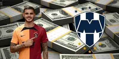 Fondo de dólares tomado de Canva, con Icardi y escudo de Rayados