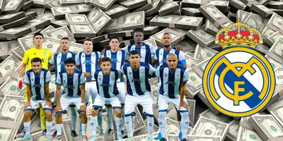 Fondo de dólares tomado de Canva, con jugadores del Pachuca y escudo del Real Madrid al frente