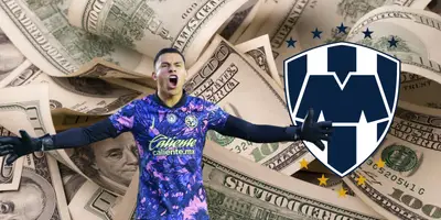 Fondo de dólares tomado de Canva, con Malagón y escudo de Rayados al frente