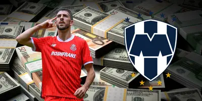 Fondo de dólares tomado de Canva, con Paulinho y escudo de Rayados al frente