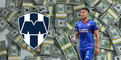 Fondo de dólares tomado de Canva, con Salcedo y escudo de Rayados