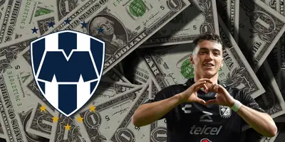 Fondo de dólares tomado de Canva, con Viñas y escudo de Rayados