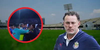 Fondo de Liga MX con Milito al frente y captura de TUDN del momento de la bofetada