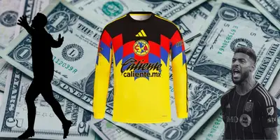 Fondo tomado de Canva, con Bouanga y jersey del América al frente
